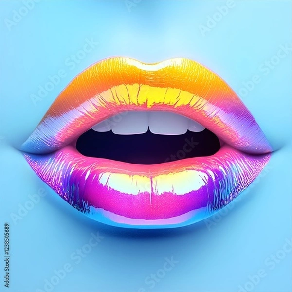 Fototapeta Close-up of glossy lips with a vibrant multicolor gradient, reflecting light and creating a bold, modern, and eye-catching beauty look.