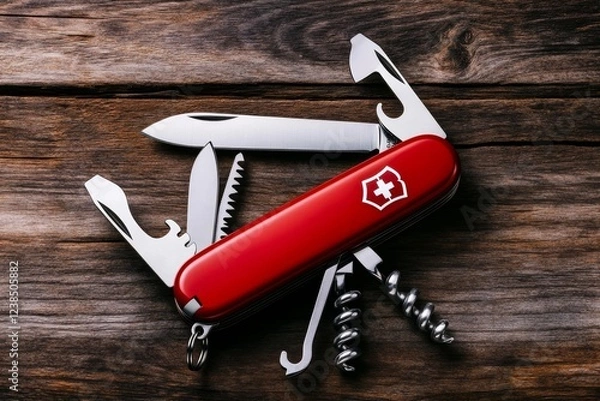 Obraz A Swiss Army knife with multiple tools extended, showcasing its versatility on a wooden surface