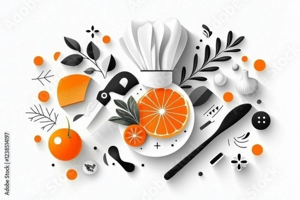 Fototapeta A flat illustration of a chef expertly garnishing a dish, with detailed icons of ingredients and utensils neatly arranged around them on a clean canvas