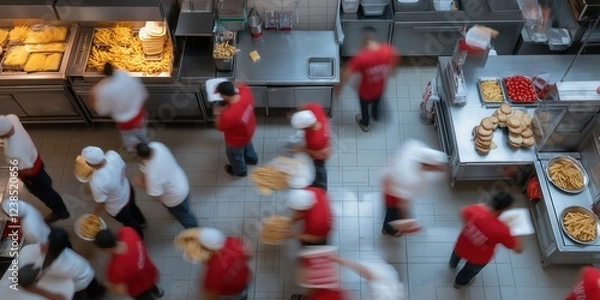 Obraz A shot of a fast-food kitchen during rush hour, workers in motion