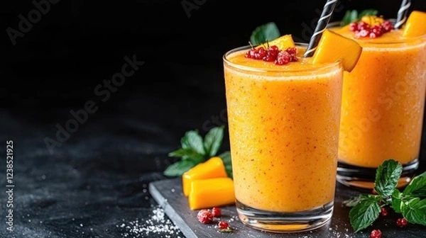 Obraz Refreshing mango smoothie with cranberries.  Drinks, healthy lifestyle