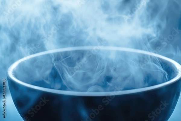 Fototapeta Steam rises from a dark blue bowl, creating a mystical, ethereal atmosphere.