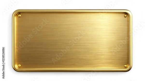 Obraz Rectangular gold metal plate with a smooth, polished surface and rounded edges, showcasing a reflective finish. Ideal for design and branding purposes. Isolated on white background,
