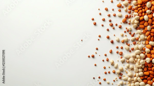 Fototapeta colorful arrangement of mixed nuts scattered on light background, showcasing various shapes and sizes, creating visually appealing and healthy snack option