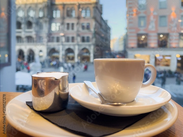 Fototapeta White cup of coffee and milk on plate with views to Marienplatz in Munich, Germany. European tourism, cafe tour break concepts