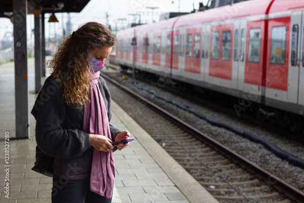 Fototapeta Woman with face mask waiting at platform looking at cellphone in Munich, Germany. Middle aged lady at train station, transportation timetable app, smart phone technology concepts