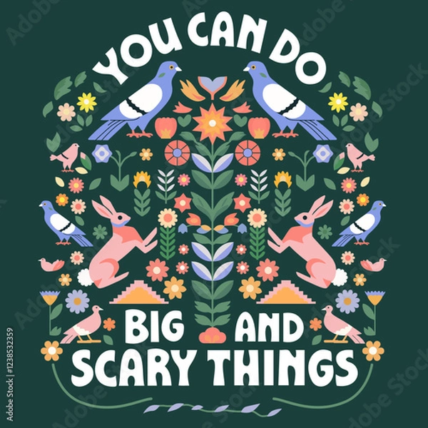 Fototapeta Motivational poster or print You can do big and scary things. Hand lettering vector typography and illustration. Spiritual boho wall art with pigeon birds and a hare.