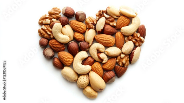 Fototapeta Mixed nuts forming heart shape on white background, symbolizing love and health. This arrangement showcases variety of nuts, perfect for snacking or gifting