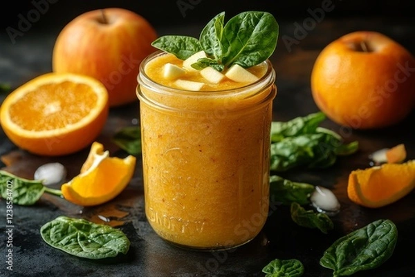 Fototapeta Orange apple smoothie recipe, dark background