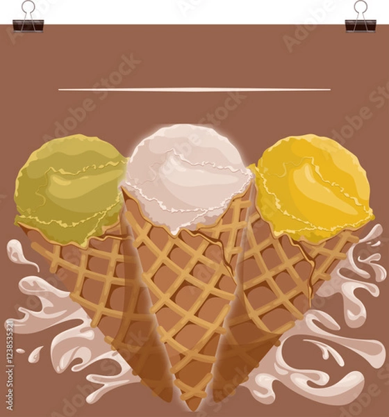 Fototapeta Vector illustration of ice cream in a waffle cone. Ice cream with a white scoop isolated on a white background, idea for a poster, postcard, t-shirt. print, advertising, sweet, food, set, advertising,