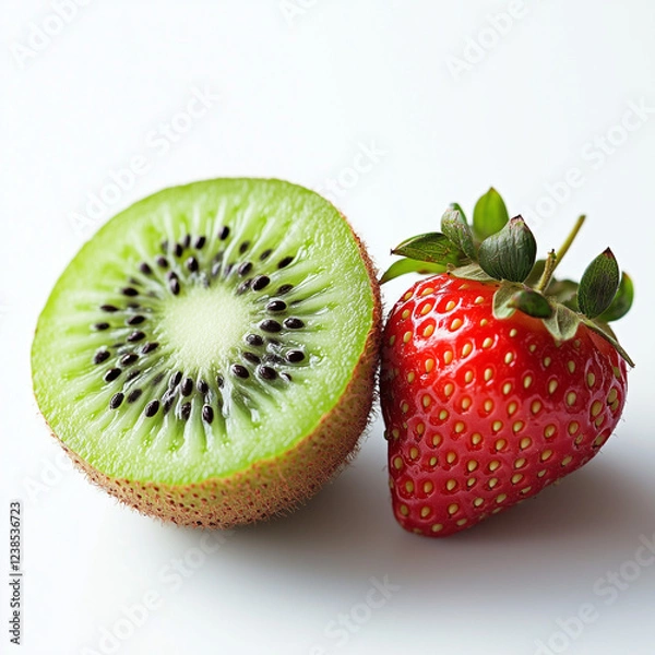 Fototapeta A fresh combination of kiwi and strawberry resting on a white background.