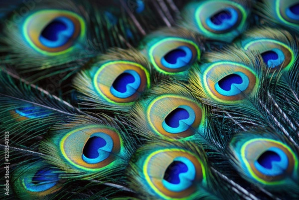 Fototapeta Beautiful peacock feathers with iridescent green and blue patterns forming mesmerizing eye spots.