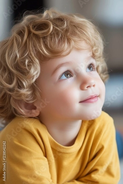 Fototapeta Charming young child gazes thoughtfully while sitting indoors amid a colorful and playful background, capturing a moment of innocence and wonder