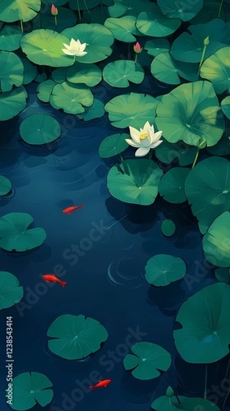 Obraz lotus leaves on the lake and little red fish illustration poster background 