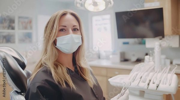 Obraz Dental hygienist preparing tools for a general dentistry procedure
