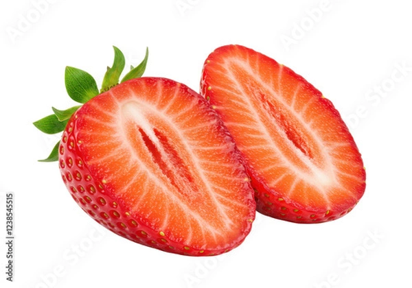 Fototapeta Whole strawberry and a halved strawberry showing interior details isolated on white background