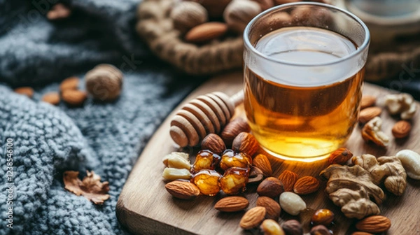 Fototapeta glass of honey sits on wooden board surrounded by mixed nuts, creating cozy and inviting atmosphere. warm tones and textures evoke sense of comfort and indulgence