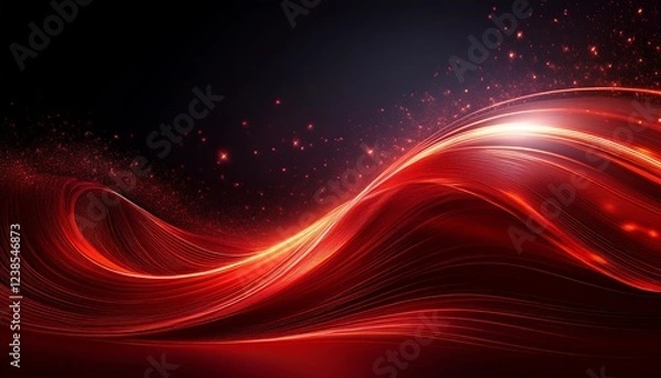 Fototapeta dynamic red light streaks forming a wave pattern against a dark background, sparkling particles resembling stars