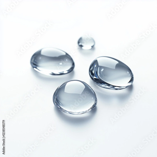 Fototapeta Clear water droplets arranged on a white background, symbolizing purity and freshness.