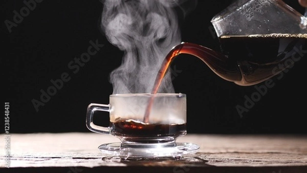 Fototapeta Pouring hot coffee into a clear glass cup, mug and saucer with beautiful steam smoke spins, rising from the cup on old wood table, dark or black background. Concept of coffee and tea, food and drink.