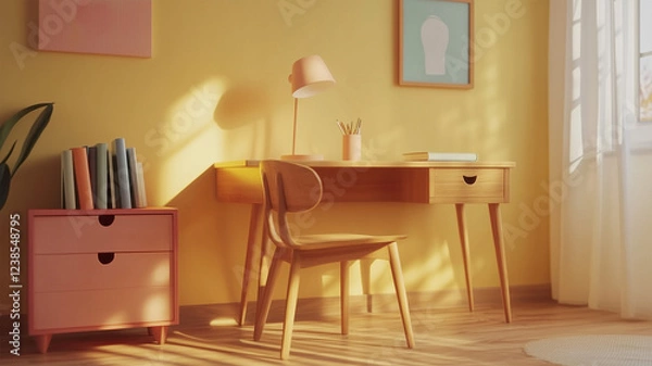 Fototapeta シンプルな木製デスクが際立つ、落ち着いた雰囲気の子供部屋の横顔