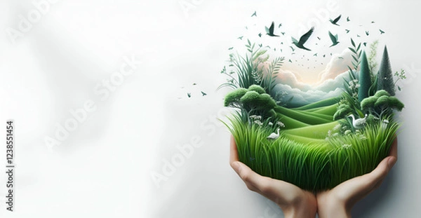 Obraz The photo shows a pair of hands holding a green planet with a tree growing on it | Premium AI-generated image
