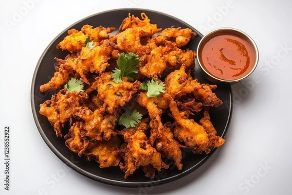 Fototapeta Delicious homemade pakoras garnished with herbs presented on an elegant white plate for authentic indian cuisine lovers
