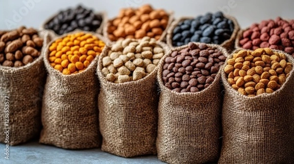 Fototapeta Assorted nuts and dried fruits in burlap sacks arranged in a visually appealing manner