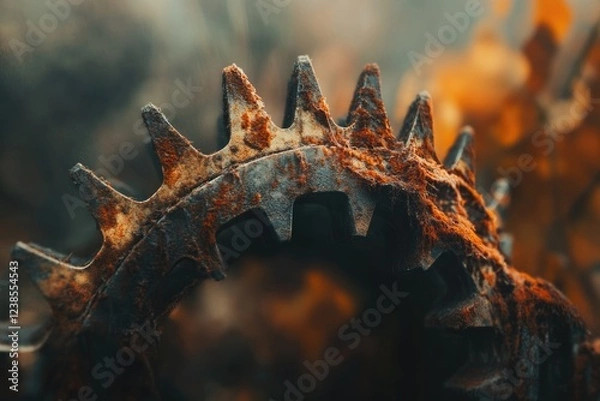 Fototapeta Close-up of a rusty, weathered gear, showing texture and age.
