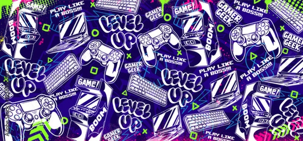 Fototapeta Gaming vector background illustrations. Retro video game graphic icon elements in graffiti style