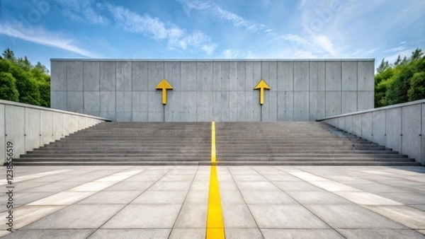 Fototapeta Concrete Staircase Ascending Towards Two Yellow Directional Arrows on a Grey Wall Under a Blue Sky