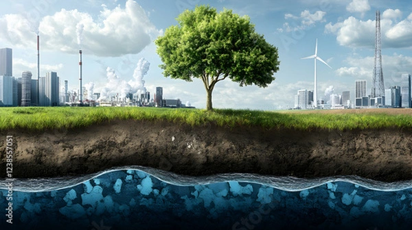 Fototapeta Diagram showing integration of carbon reduction strategies with renewable energy systems for achieving net-zero emissions