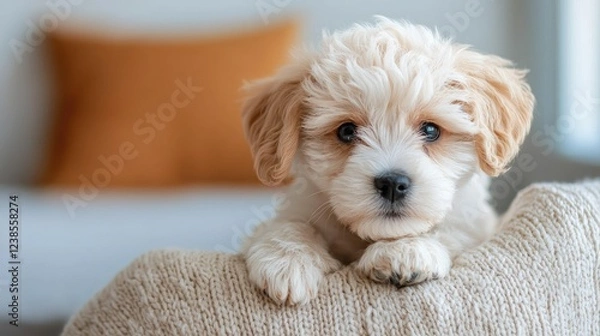 Obraz Fluffy White Puppy With Expressive Eyes Relaxing on a Cozy Couch in Soft Natural Light