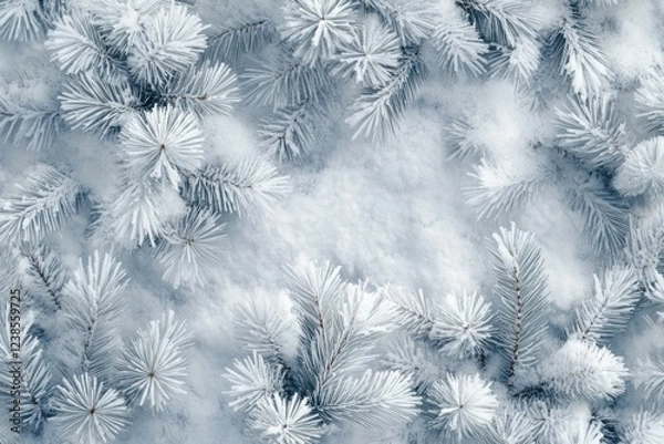 Fototapeta Background of snow-covered pine branches with soft white flakes, winter wonderland theme, crisp and fresh atmosphere, serene and quiet beauty of nature in winter