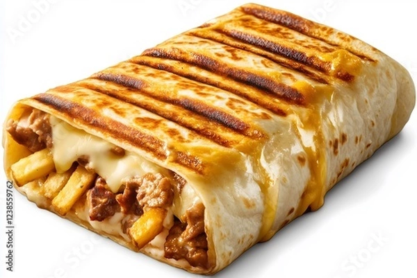 Obraz A delicious french taco with melted cheddar cheese, beef and french fries isolated on a white background