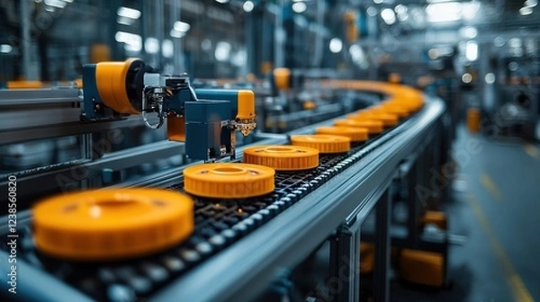 Fototapeta Automated conveyor system with orange wheels transporting items in a bustling factory setting