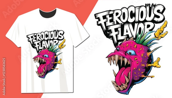 Obraz Ferocious Flavor T-Shirt – Bold Cartoon Monster Fruit Graphic Tee with Vibrant Colors – Fun and Edgy Design for Streetwear Enthusiasts and Art Lovers