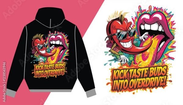 Obraz Fiery Chili Pepper T-Shirt – Bold Spicy Cartoon Design, Fun Food Lover Apparel, Hot Sauce Enthusiast Tee, Vibrant Streetwear Hoodie with Explosive Taste Bud Graphics