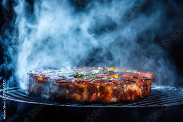 Fototapeta Large piece of grilled meat emitting a cloud of smoke while cooking on barbecue grill