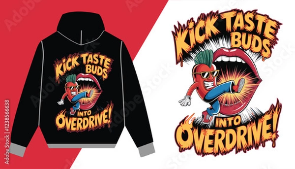Obraz  Kick Taste Buds Into Overdrive - Spicy Hot Pepper Cartoon Graphic Hoodie - Bold Fire Typography - Cool Streetwear Design - Funny Chili Lovers Apparel