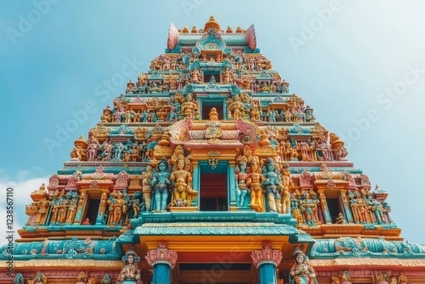 Fototapeta Colorful South Indian temple, vibrant carvings, clear sky, travel