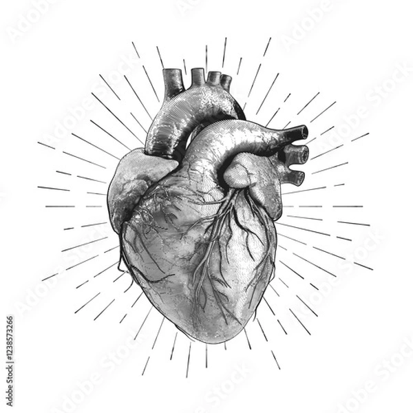Fototapeta Illustration of the Human Heart in engraving technique with star rays. including labels for all the main structures. Hand drawn line art for tattoo, tee shirt and print design. Vector Illustration.