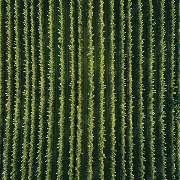 Fototapeta Aerial view of rows of lush green hop plants in a field.