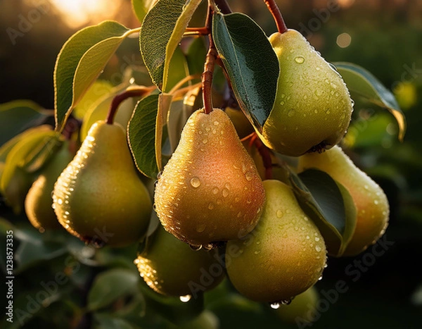 Obraz a bunch of pears still on the stalk with dew on the leaves and fruit 
