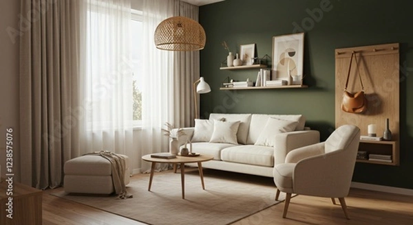 Fototapeta A cozy living room with a beige sofa, wooden furniture, a dark green accent wall, soft curtains, warm lighting, and modern decor, creating a stylish and inviting Scandinavian-inspired space.