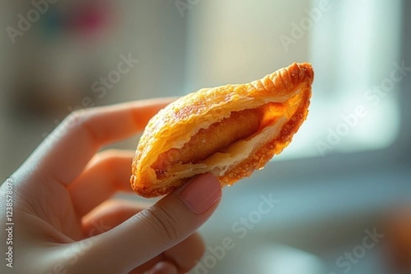 Fototapeta A hand holds a golden-brown, flaky pastry with a sweet filling, tempting and delicious.