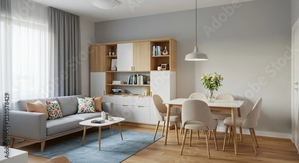 Fototapeta A bright, modern living and dining area with Scandinavian-style furniture, soft colors, natural light, and wooden accents, creating a cozy and stylish atmosphere.