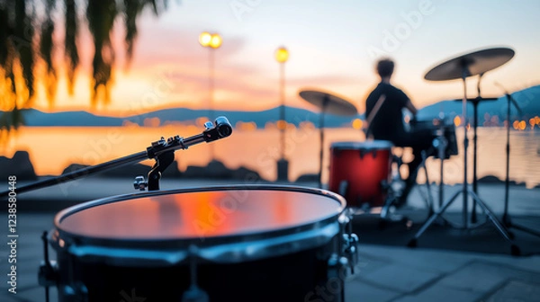 Fototapeta A lively jazz performance during the Montreux Jazz Festival in Switzerland, with scenic lake views