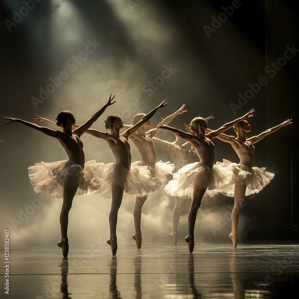 Fototapeta Ballet dancers in performance, elegant poses, stage lighting.