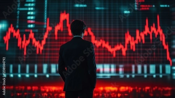 Obraz A stock market graph showing a downward trend, with the silhouette of a man in a suit looking at it.